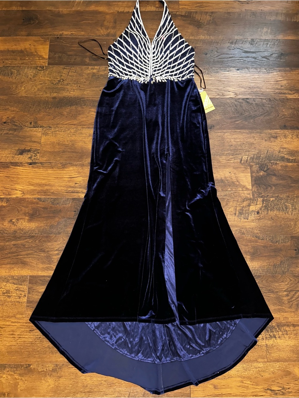 Amelia Couture Navy Velvet Halter Formal Dress with Beaded Bodice - Picture 10 of 16